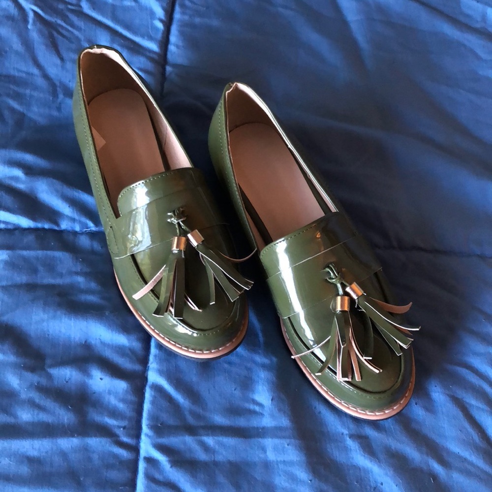 Olive Green Patent Loafers w/ Tassels.